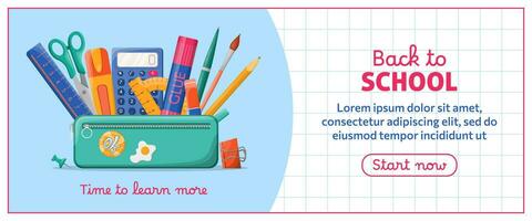 Back to school banner template. Pencil case with various stationery such as pens, scissors, ruler, calculator. Design for website, marketing, educational study promotion ad, social media, invitation vector