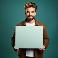 Handsome young man holding a blank sheet of paper photo