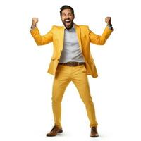 excited young business man celebrating success, isolated on white background. photo