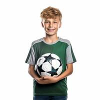 little boy with a soccer ball on a white background photo