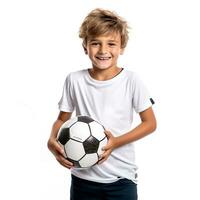 little boy with a soccer ball on a white background photo