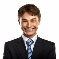 Portrait of a happy young businessman looking at camera isolated on white background photo