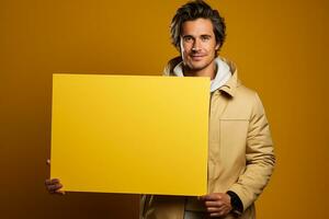 Handsome young man holding a blank sheet of paper photo