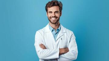 sonriente joven masculino médico mirando a cámara aislado en azul antecedentes foto