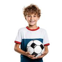 little boy with a soccer ball on a white background photo