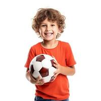 little boy with a soccer ball on a white background photo