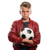 pequeño chico con un fútbol pelota en un blanco antecedentes foto