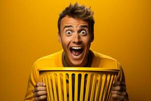 Surprised young man holding a trash can on a yellow background photo