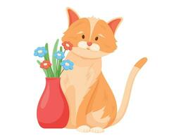 Cartoon red cat sitting next to a vase of flowers. Vector isolated pet.