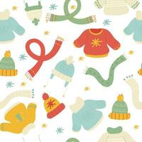 Seamless pattern of Christmas hand drawn winter clothes outline. Sweater, hat, scarf vector