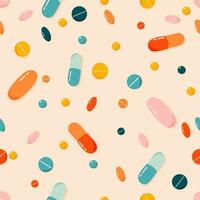 Pills and capsules colorful seamless pattern. Healthcare and medicine concept. Hand drawn modern vector illustration for web banner, card design, print.