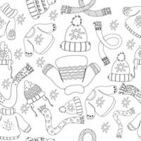 Seamless pattern of Christmas hand drawn outline winter clothes outline. Sweater, hat, scarf vector