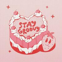 Retro pink cake with phrase and happy strawberries. Cute textured cream cake. Vector illustration