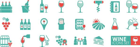 Set of wine icons, such as grape, cheese, barrel, bottle, and glass. Vector Solid icon style.