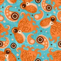 Vector seamless pattern with orange octopuses and paisley decor on blue background