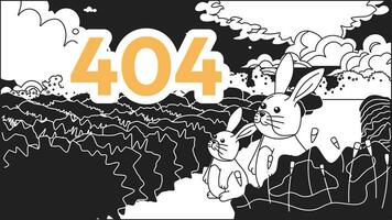 Dreamy rabbits looking on sky black white error 404 flash message. Monochrome website landing page ui design. Not found cartoon image, kawaii vibes. Vector flat outline illustration concept