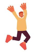 Overjoyed european man on cloud nine semi flat color vector character. Man jumping and raising arms up. Editable full body person on white. Simple cartoon spot illustration for web graphic design