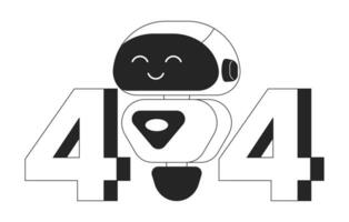 Smiling chatbot black white error 404 flash message. Modern technology. Robotics. Monochrome empty state ui design. Page not found popup cartoon image. Vector flat outline illustration concept