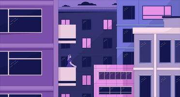Old town lo fi aesthetic wallpaper. Night in the city. Skyscrapers. City buildings. Woman on balcony 2D vector cartoon exterior illustration, purple lofi background. 90s retro album art, chill vibes