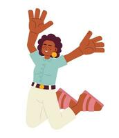 Ecstatic woman high up jumping semi flat color vector character. Lady jump for joy. Positive emotions. Editable full body person on white. Simple cartoon spot illustration for web graphic design