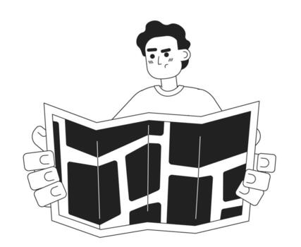 Unhappy hispanic man monochromatic flat vector character. Editable half body person looking on map on white. Simple bw cartoon spot image for web graphic design