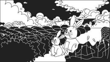 Kawaii rabbits black and white cute chill lo fi wallpaper. Bunnies sitting. Pretty animals linear 2D vector cartoon character illustration, monochrome lofi anime background. Bw 90s kawaii aesthetic