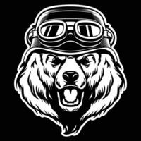 Vector Illustration Roaring Bear Wear Biker Helmet Black and White Isolated