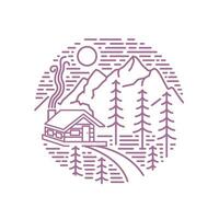 Simple Cabin House In forest with mountain view linear style illustration vector