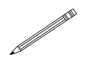 Pencil with eraser. Tool for drawing. Hand drawn sketch icon of school stationery. Isolated vector illustration in doodle line style.