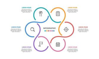 Workflow lines infographic. The pie chart is divided into 6 parts. Vector illustration.