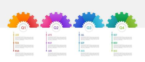 12 meses proyecto cronograma infografía informe, dividido dentro 4 4 cuarteles. vector ilustración.