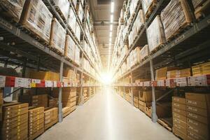 A large warehouse of furniture department stores. A warehouse where goods are stacked in record steel frames for replenishing stock of products sold to customers. photo