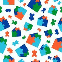 Multi-colored Puzzle houses. Pattern, seamless vector background. Concepts of construction, purchase, sale of buildings. Construction material.