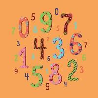 The numbers are multi-colored. Figures , doodle style drawings. Row of cartoon numbers collection. Birthday card design. Vector icons, illustration on white isolated background.