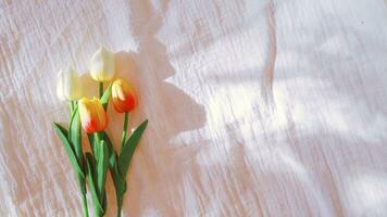 Tulip with Fabric backdrop White linen canvas crumpled natural cotton fabric Natural handmade linen top view background Organic Eco textiles White Fabric texture photo
