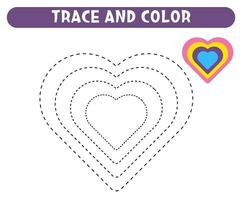 Trace and color hearts Basic geometric shapes Educational game Worksheet for kids vector