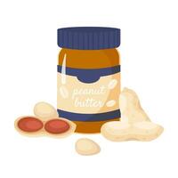 Closed jar of peanut butter, shelled peanuts nearby. Healthy protein food. Vegetarian snack and dessert vector