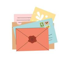 Stack of open and closed envelopes, postcards, letters, greeting post cards vector