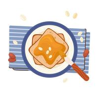 Open sweet peanut butter toasts and fried peanut on plate. Serving for breakfast, top view vector