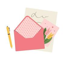 Composition open envelope with paper handwritten letter and greeting postcard with flowers vector