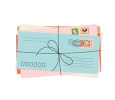 Envelopes stack with stamps. Paper correspondence tied with string. Delivery of postal envelopes vector