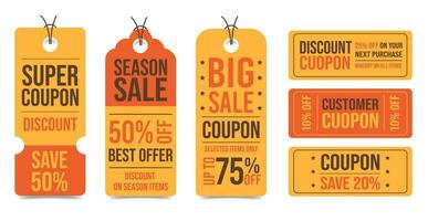 Big set of discount coupons and labels for sale. Big Sale Coupon, Super Coupon, Discount Ticket Collec vector