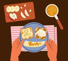 Couple hands hold plate with peanut butter sweet toasts and banana slices for breakfast, top view vector