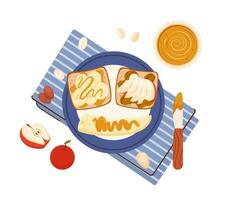 Plate with peanut butter sweet toasts and banana slices. Top view illustration breakfast oily paste topping and fruit on grilled square bread vector