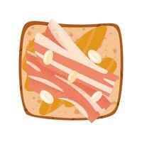 Bacon and peanut butter toast. Open sandwich with salted pork slices, fried peanut on grilled square bread, top view. vector