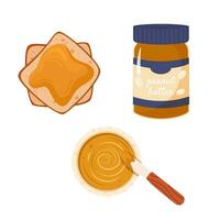 Peanut butter jar, toast and bowl for cooking sweet breakfast. Toasts with peanut paste. Healthy protein food vector
