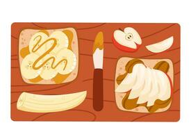 Wooden cutting board with peanut butter sweet toasts, banana, apple slices. Top view sandwich with paste and fruit on grilled square bread vector