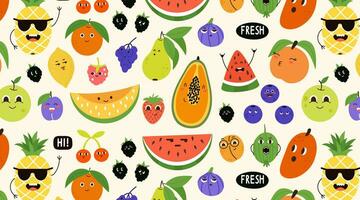 Seampless pattern fruit and berries characters emotion face in Cartoon style. vector