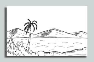 Illustrative sketch of an ocean view, with views of mountains and trees vector