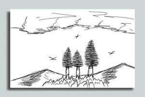 illustration sketch of a mountain view, with views of mountains and trees vector